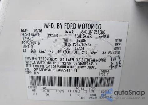 2009 Ford Edge Sel z USA, uszkodzony, nr VIN 2FMDK48C89BA41114